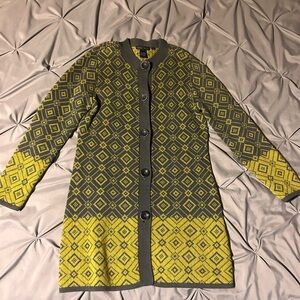 Nomadic Traders Womens Gray & Yellow Diamond Button Up Long Cardigan Sweater M